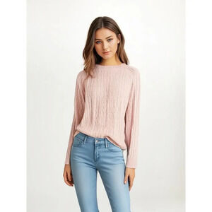 Georgios Women's Medium Pink Silk Blend Cable‎ Knit Crewneck Pullover Sweater